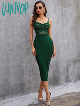 Lunivop Solid Nude Women Summer Sexy Sleeveless Backless V Neck Green Mesh Midi Bodycon Bandage